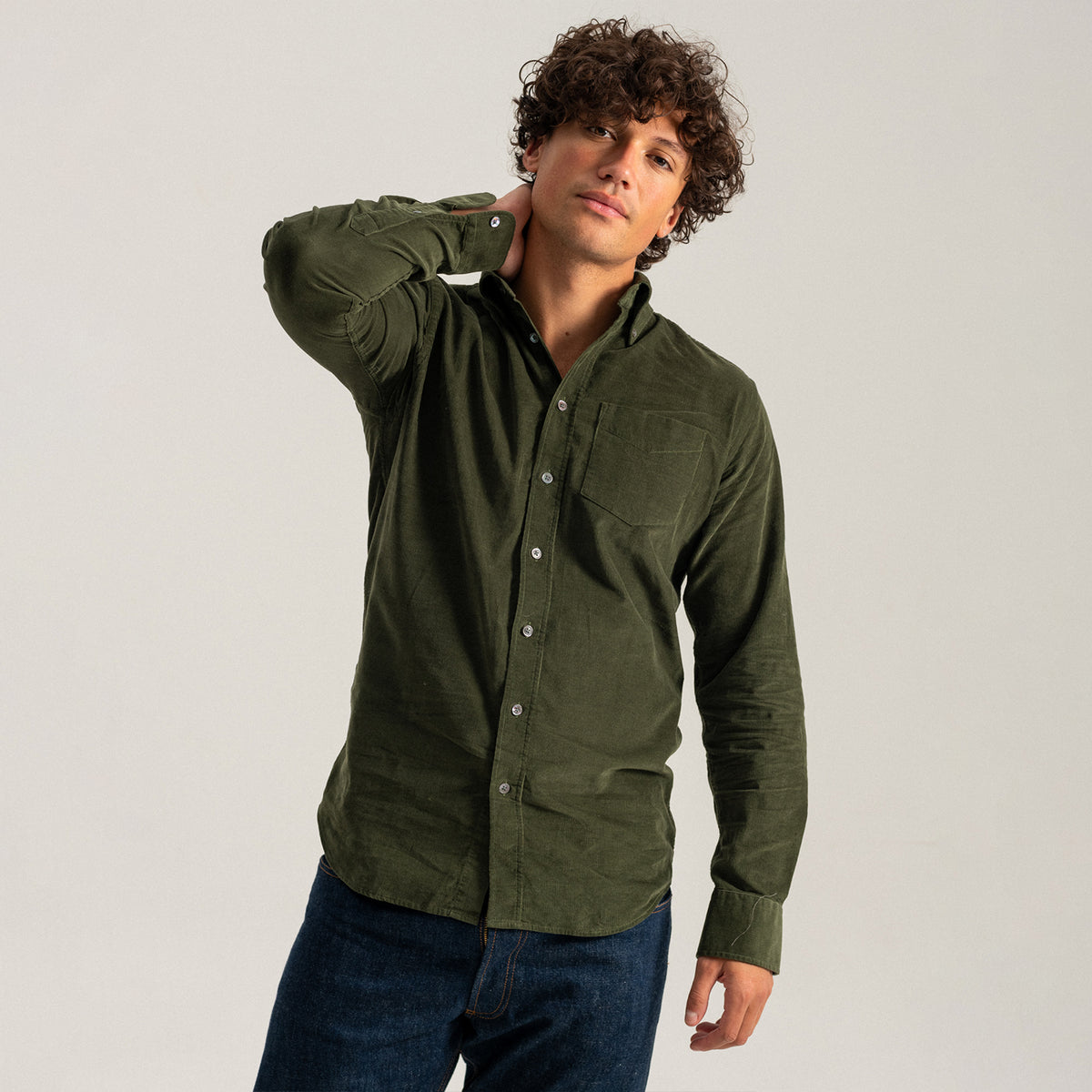 Olive Needlecord Button Down Collar Shirt