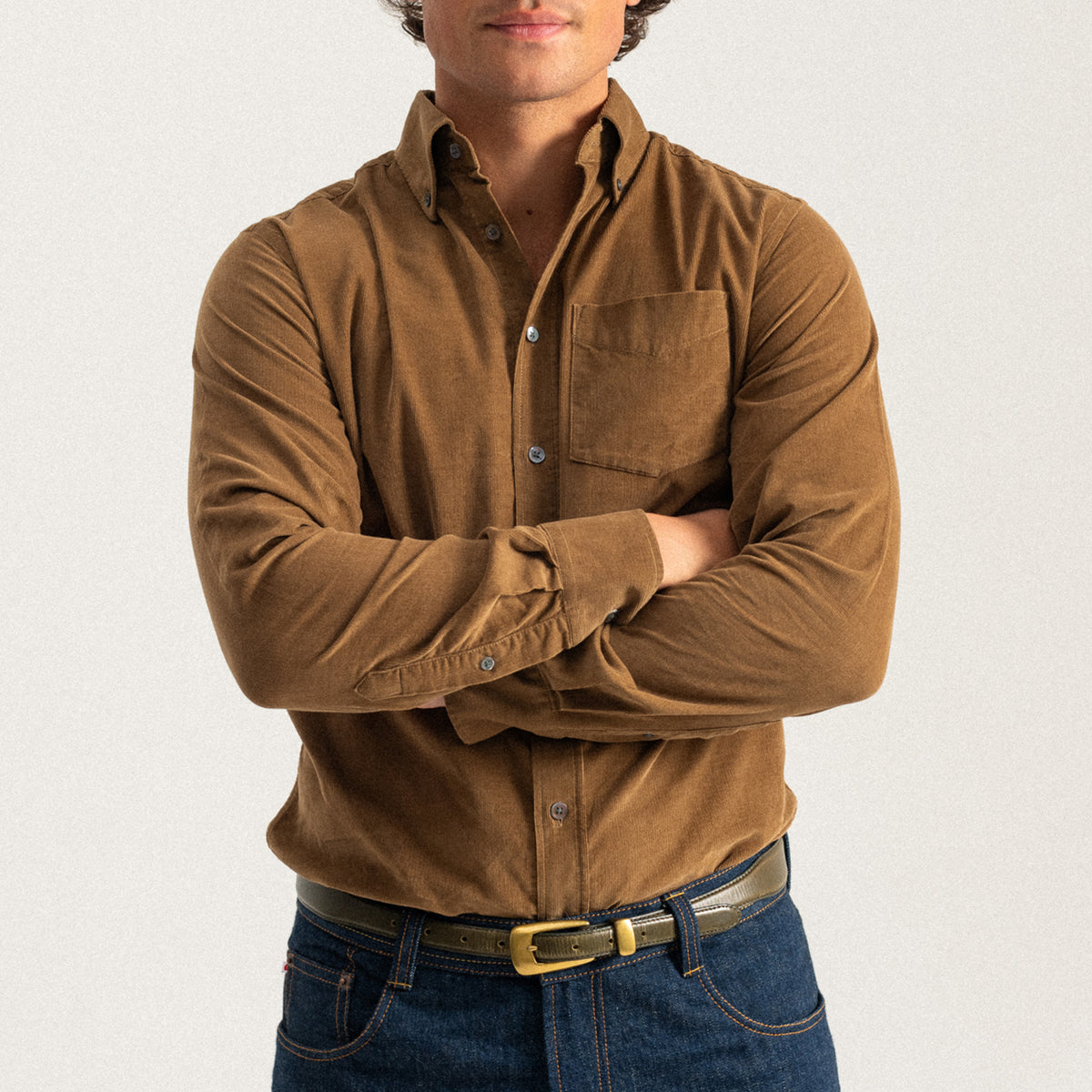 Tan Needlecord Button Down Collar Shirt